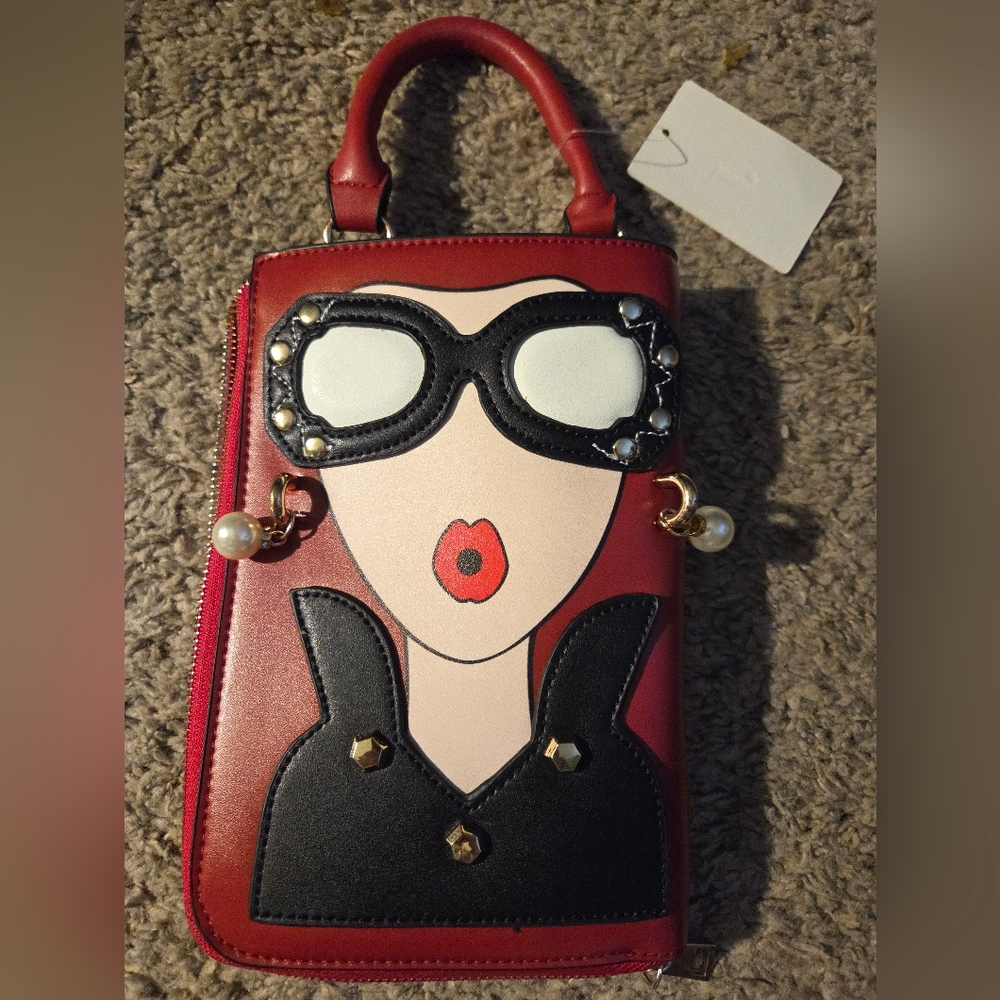 Stylish Red and Black Bag with Fashionable Face Design NWT
